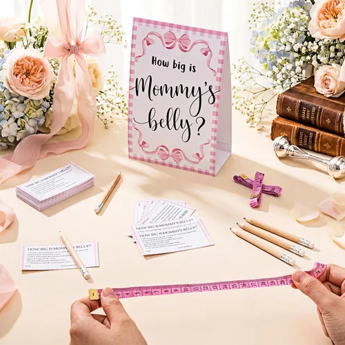 Vista 30 de Sabary 64 Piezas Juegos de Baby Shower Incluyen Letrero How Big is Mommy's Belly Sign Measure Bump Game 50 Tarjetas 10 Lápices 3 Cintas Métricas