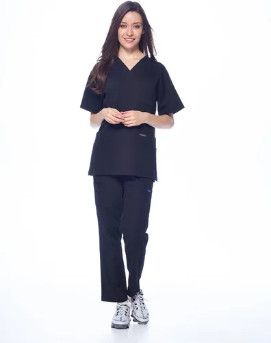 Vista 2 de Conjunto de uniforme sanitario Dagacci unisex, con cuello en V, súper elástico, conjunto de uniforme Negro