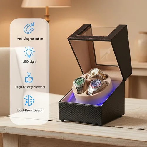 Vista 2 de Bobinador de relojes Anyasun para relojes automáticos, caja de bobinador de 3 relojes con pantalla LED, motor japonés ultra silencioso, 4 modos