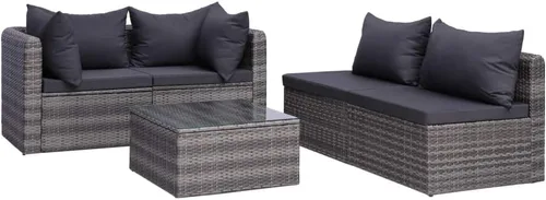 Vista 4 de Ensemble de Salon 5 Pièces en Simili-Rotin Gris PE Pour Jardin et Terrasse, Résistant aux Intempéries avec Coussin Amovible, Table Basse en Verre et