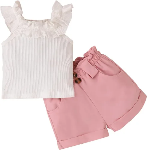 Vista 84 de TheFound Trajes de verano para niñas pequeñas, sin mangas, de punto acanalado, halter, pantalones cortos, ropa para recién nacidos, conjunto de 3