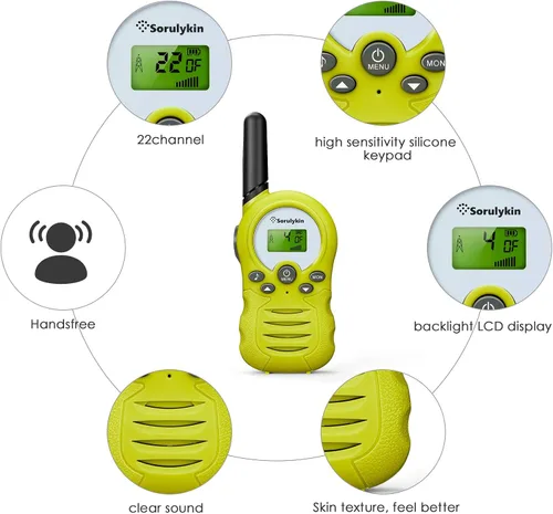 Vista 2 de Sorulykin Walkie Talkies para niños de 22 canales radio de 2 vías de hasta 19mi interfaz de mano para niños y niñas para salir al aire libre