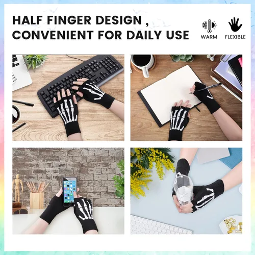 Vista 4 de Simplicity Guantes de esqueleto sin dedos para mujeres y hombres, guantes de calavera elásticos de punto