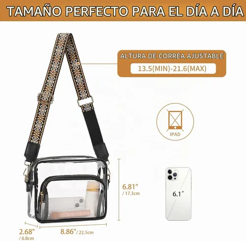 Vista 3 de SENDEFN Bolso transparente para mujer, bolsa transparente aprobada para estadios con bolsillo frontal para conciertos, deportes, festivales A-Negro