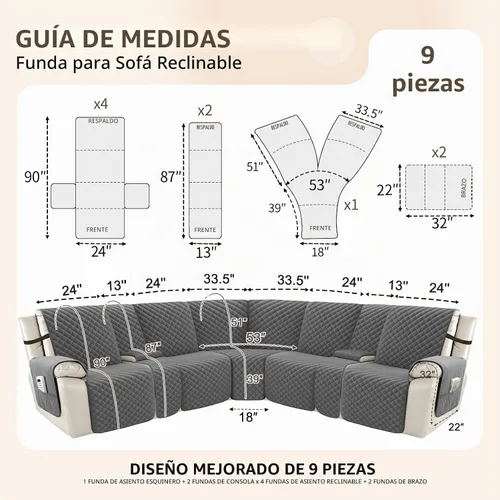 Vista 5 de Arfntevss - Fundas impermeables para sofá seccional reclinable, juego de fundas antideslizantes lavables en forma de L para sofá reclinable, Gris
