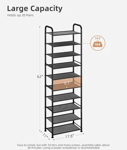 Vista 5 de STORAGE MANIAC Zapatero alto de 10 niveles, 20 pares de estantes estrechos y delgados, soporte de zapatos con marco de metal para espacios pequeños