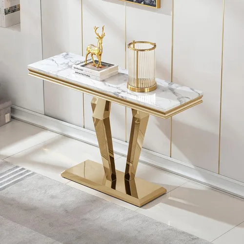 Vista 11 de Mesa de centro de mármol negro Henf de lujo, mesa auxiliar rectangular de mármol sintético de imitación con base de acero inoxidable dorado