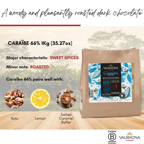 Vista 2 de Valrhona Discos de chocolate semidulce francés oscuro para hornear (Feves). Premium CARAÏBE 66% Cacao Grand Cru Blend. Mejor que las chispas