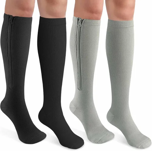Vista 14 de CASMON 2 pares de calcetines de compresión con cremallera para mujeres y hombres, punta cerrada de 15 a 20 mmHg, calcetines de apoyo alto hasta