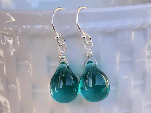Vista 5 de Teal Green Wire Wrapped Smooth Glass Tear Drop Earrings Sterling Silver, Gifts For Christmas, Birthday, Valentines Day, Women, Her, Mom, Mothers