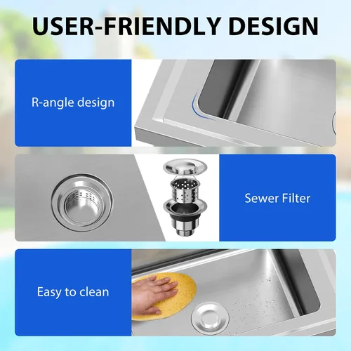 Vista 6 de Fregadero de cocina de acero inoxidable, fregadero utilitario de 24 x 20 x 41 pulgadas con grifo extraíble, grifo de agua caliente y fría, cuenco