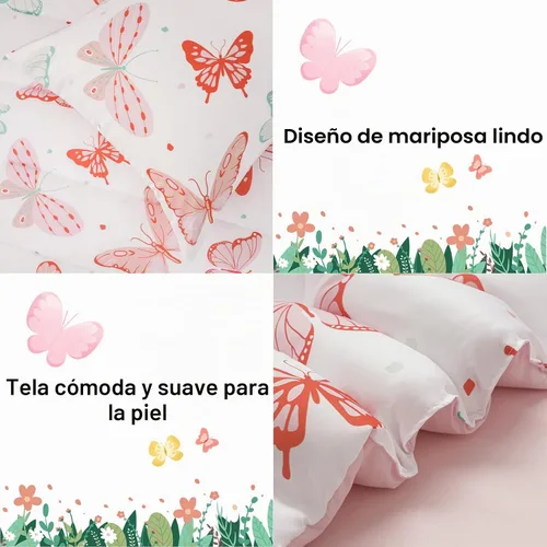 Vista 5 de david's kids Juego de ropa de cama de 4 piezas para niños pequeños - Juego de ropa de cama suave y transpirable para niñas, incluye edredón Mariposa