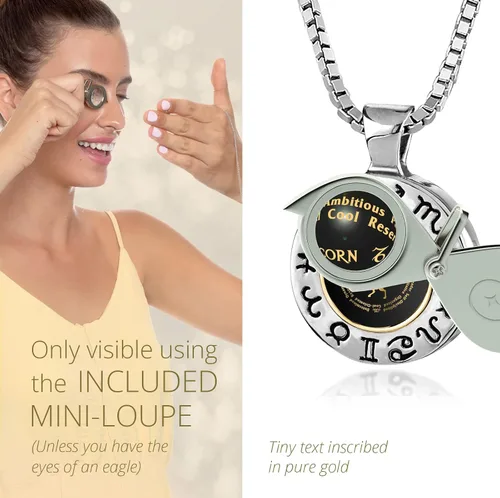Vista 5 de Collar de plata de ley 925, colgante de símbolo de astrología grabada para hombres o mujeres, oro de 24 quilates inscrito con signo de estrella