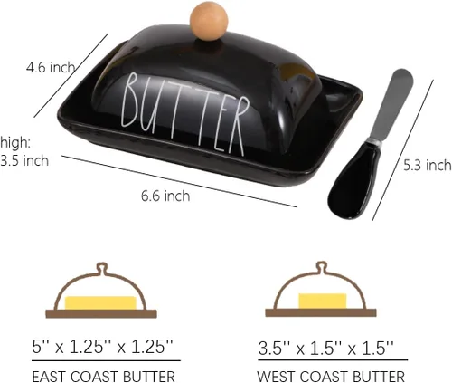 Vista 2 de oskas Mantequillera negra de porcelana de granja con tapa y cuchillo para encimera