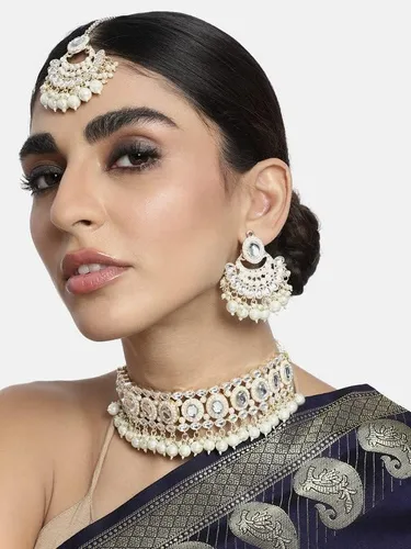 Vista 3 de Aheli Traditional Gold Plated Kundan Choker Necklace Chandbali Earring & Maang Tikka Ethnic Jewellery Set Gift for Women