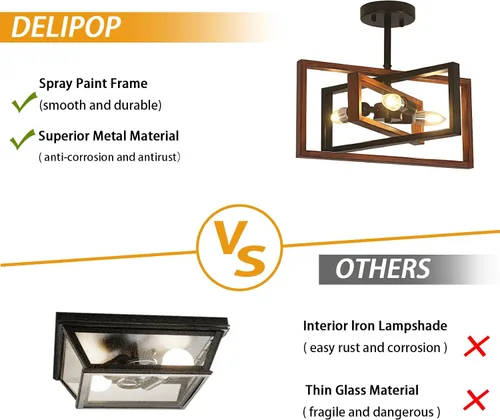Vista 3 de Lámpara de techo de granja de 3 luces, lámpara de techo industrial de metal semiempotrado para comedor, cocina, entrada, pasillo, acabado
