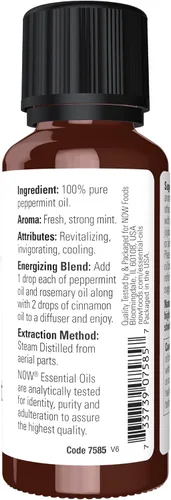 Vista 2 de Aceites esenciales NOW, aceite de menta, esencia de aromaterapia vigorizante, destilado al vapor, 100% puro, vegano, tapa a prueba de niños, 1 onza