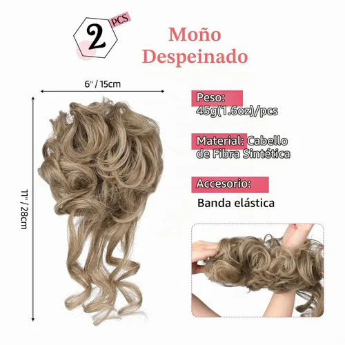 Vista 2 de HOOJIH 2 piezas de extensiones de cabello estilo moño despeinado, extensiones de cabello rizado y ondulado con tiras, cola de caballo, horquillas