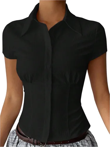 Vista 6 de SweatyRocks Camisas con botones para mujer, manga casquillo, blusa de trabajo elegante