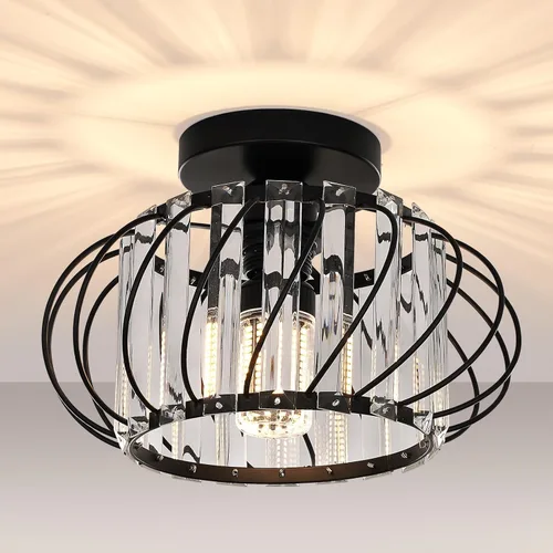 Vista 15 de FRIDEKO HOME Paquete de 2 Luces de Techo Semi Empotradas - Pequeña Lámpara de Araña de Cristal para Pasillo con Jaula de Metal Negro, Accesorio