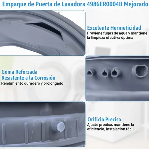 Vista 3 de Junta de puerta de lavadora MEJORADA 4986ER0004B sin puerto de drenaje, compatible con sello de puerta de lavadora de carga frontal LG WM2277HW