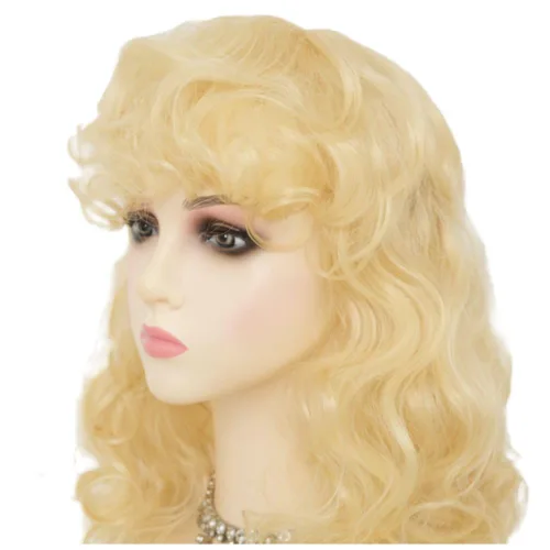 Vista 5 de Peluca rubia corta y rizada para mujer, longitud hasta el hombro, peluca de pelo ondulado con flequillo, resistente al calor, disfraz de cosplay