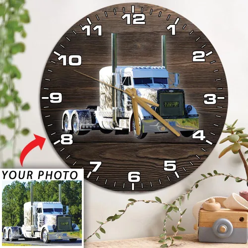 Vista 3 de Reloj de pared personalizado con foto para los amantes de los camiones grandes, semi camiones, reloj de madera de 12 pulgadas, decoración del hogar