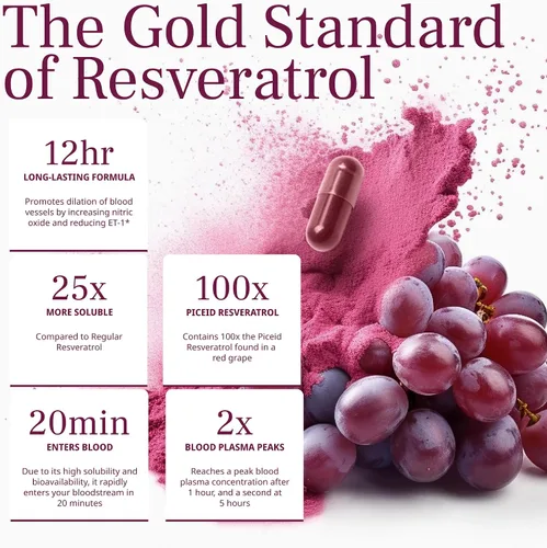 Vista 8 de VINIA Cápsulas de suplemento de resveratrol Piceid. Aumenta el flujo sanguíneo y el óxido nítrico. Presión arterial y apoyo a la salud cardíaca