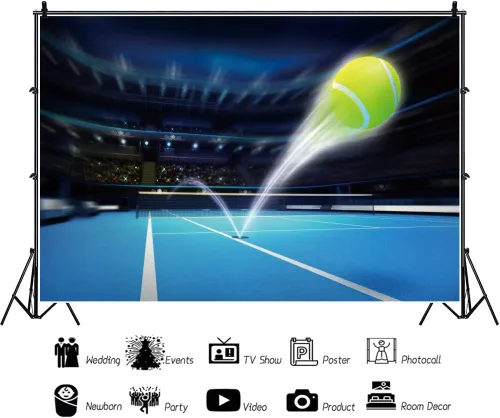 Vista 2 de Leyiyi Fondo de fotografía para cancha de tenis de 5 x 3 pies, luces de estadio, pelota de tenis voladora, fondo de juego, accesorios de estudio