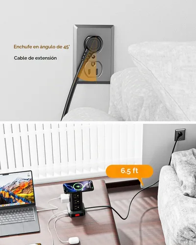 Vista 4 de Regleta de alimentación con 12 tomas, 4 USB (1 USB C), cable de extensión de 6.5 pies con múltiples tomas, estación de carga, torre de regleta