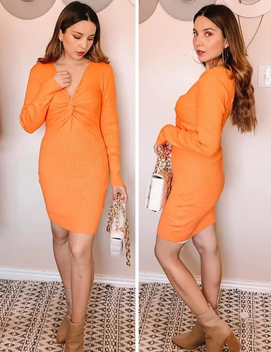 Vista 4 de Zeagoo Vestido tipo suéter ajustado con cuello en V profundo, manga larga, vestido de punto elástico