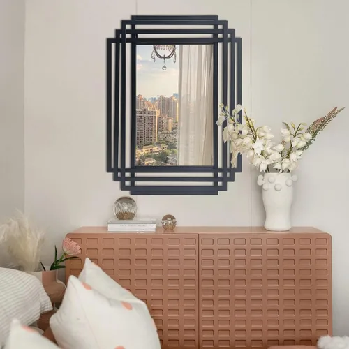 Vista 3 de Espejo de pared rectangular decorativo de 24 x 18 pulgadas con marco de metal negro Geometric Design, HD Mirror, Horizontal/Vertical Hanging, Art