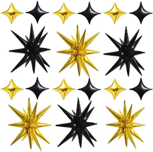 Vista 42 de TONIFUL 4 globos 4D enormes de estrella negra de 22 pulgadas, globos de aluminio de Mylar de estrella explosión para suministros de fiesta, telón