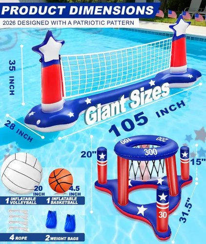 Vista 4 de Grandes juegos inflables de piscina, red de voleibol y aro de baloncesto con 2 pelotas de playa, bandera estadounidense, juguetes de agua