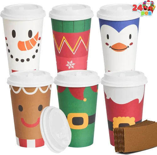 Vista 10 de JOYIN 24 piezas de vasos de papel desechables de Navidad, vasos de fiesta de Feliz Navidad de 16 oz con mangas y tapas, 4 diseños de vajilla