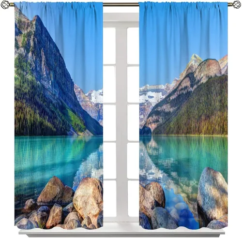 Vista 8 de Cortina opaca de lago, naturaleza de montaña, paisajes pacíficos y hermosos, decoración del hogar, ventanas con bolsillo para cortinero, cortinas