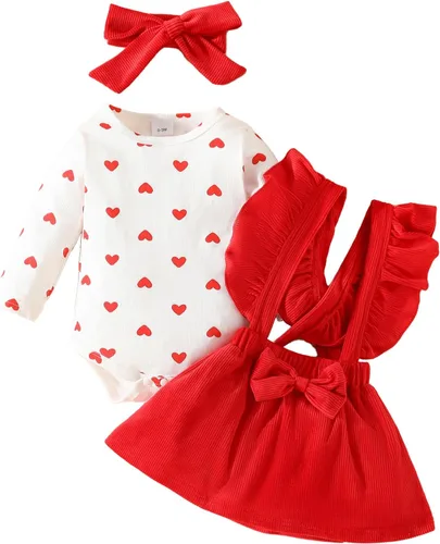 Vista 22 de My First Valentine's Day - Conjunto de ropa para bebé niña con volantes, manga larga, estampado de corazón, falda con tirantes