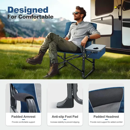 Vista 7 de LET'S CAMP Silla de director plegable de gran tamaño para exteriores, silla de campamento resistente con mesa auxiliar y bolsa enfriadora