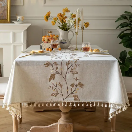 Vista 8 de Oubonun Mantel cuadrado de lino de algodón, resistente a las arrugas y al agua, lavable a máquina con borlas para cocina y comedor, 55 x 55
