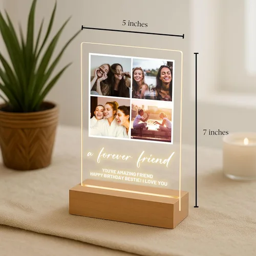 Vista 5 de Placa de fotos personalizada con soporte de luz LED de madera, acrílico, regalo para mejor amiga para ella, regalo para él, collage de fotos