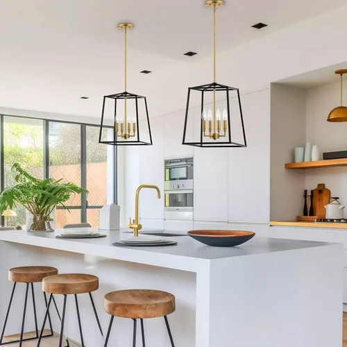 Vista 6 de Kira Home Bellevue - Lámpara colgante moderna de 16 pulgadas, 4 luces, lámpara colgante de metal geométrico dorado y negro, latón cálido y acabado