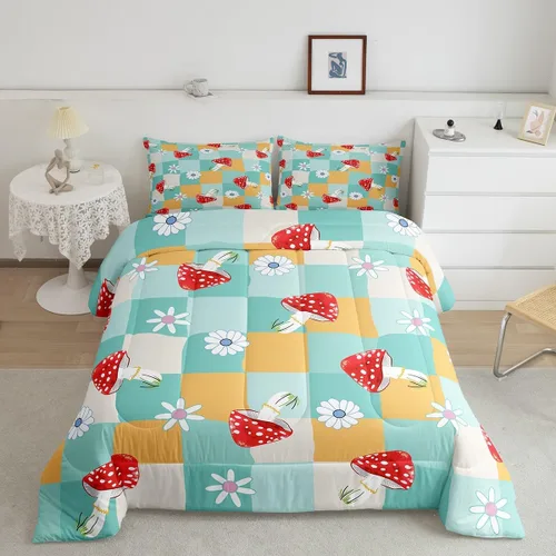 Vista 7 de Lindo juego de edredón de flores para niños y mujeres. Juego de ropa de cama de flores coloridas de dibujos animados, tamaño individual, bonito