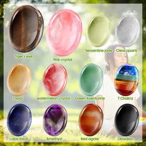 Vista 6 de Fumete 12 piedras de preocupación para el pulgar para la ansiedad, cristales de chakras, ovaladas, piedras de chakra, amatista, cristal de ojo
