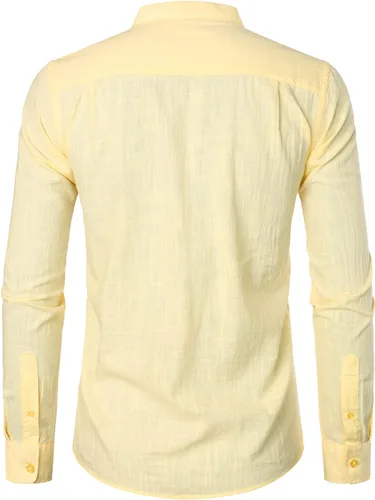 Vista 2 de ZEROYAA Camisas de manga larga de algodón y lino para hombre, con cuello de bandas, con botones, ligeras, para la playa, con bolsillo