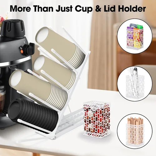 Vista 5 de ShineMe Soporte para taza de café para encimera, dispensador de tazas de metal ajustable y tapa con organizador de pajita, organizador de 4