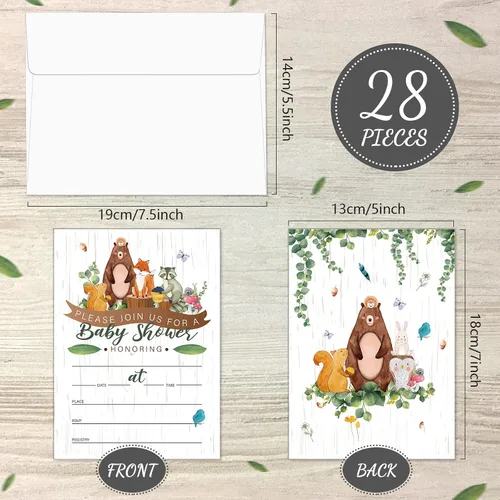 Vista 2 de Containlol Juegos de 28 invitaciones para baby shower de animales del bosque, boletos para rifas de pañales, tarjetas de solicitud de libro de baby