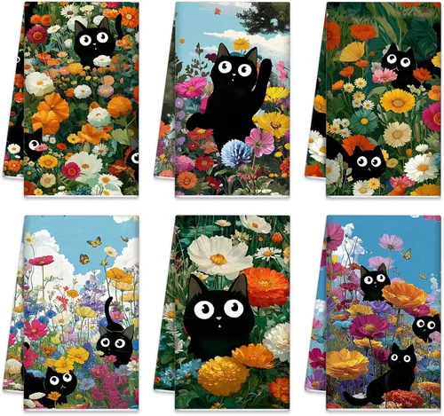 Vista 19 de Redbaker Juego de 6 toallas de cocina en blanco y negro con línea de arte abstracto, paños de cocina florales, paños de cocina modernos de mediados