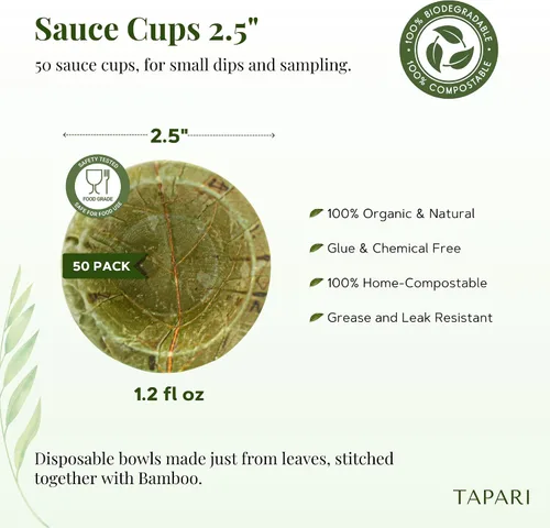Vista 3 de TAPARI Recipientes Desechables para Salsas - Paquete de 50 Mini Recipientes para Salsas - 2.5 Pulgadas - Resistentes, Ecológicos - Compostables