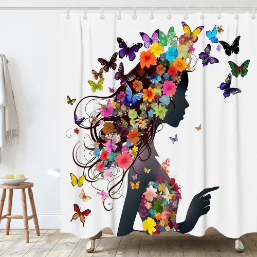 Vista 2 de Cortina de ducha de tela para bañeras de baño con diseño floral de mujer, con 12 ganchos, 72 x 72 pulgadas, poliéster, lavable a máquina, rosa