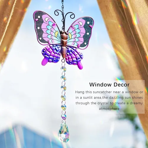 Vista 6 de Juego de 2 atrapasoles de mariposa de metal para ventanas – Decoración de pared de valla al aire libre de 14 pulgadas, prismas arcoíris